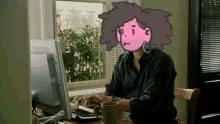 a cartoon of a woman with curly hair is sitting at a desk with a computer