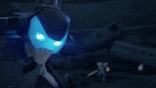 a person with blue eyes is holding a sword in a dark room