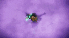 a cartoon character with green hair is running with a lightning bolt behind him .