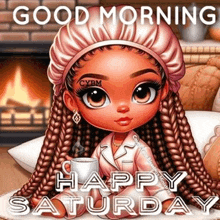 a cartoon girl is sitting on a couch holding a cup of coffee and says good morning happy saturday .