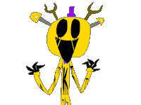 a drawing of a yellow monster with a purple hat on