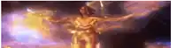 a woman in a gold costume is flying through the air .