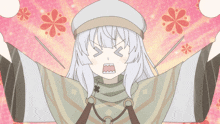 a girl with white hair and a white hat is making a funny face