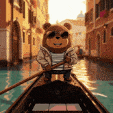 a cartoon bear wearing sunglasses is rowing a boat down a river