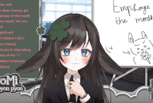 a girl with a clover in her hair stands in front of a whiteboard that says employee the month