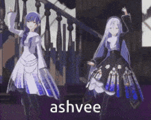 two anime girls are dancing and the word ashvee is on the bottom right