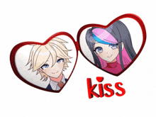 a boy and a girl are in hearts with the word kiss below them