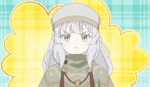 a girl with white hair and a hat salutes with her hand on her head