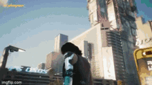a man in a cyberpunk 2077 costume is standing in front of a city .
