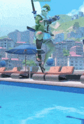 a video game character is jumping into a swimming pool with a sword
