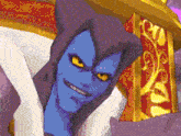 a pixel art drawing of a cartoon character with a blue face and yellow eyes .