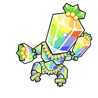 a cartoon drawing of a colorful object with a green leaf