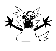 a black and white drawing of a monster with a huge mouth and claws on a white background .