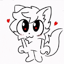 a black and white drawing of a cat with red eyes and red hearts