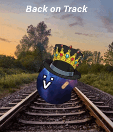 a blue ball with a top hat and a crown is on train tracks with the words back on track above it