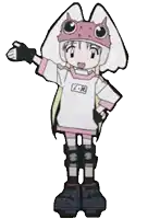 a cartoon character is wearing a pink mask and knee pads .