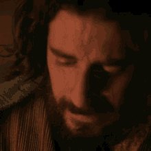 a close up of a man with a beard and long hair