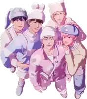 a group of anime characters are posing for a picture with one wearing a hat with a star on it