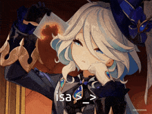 a girl in a top hat is holding a piece of paper that says " isa " on it