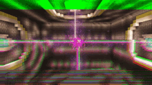 a pixelated image of a room with a green light coming from the ceiling