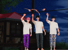three cartoon characters are standing in front of a house holding fireworks