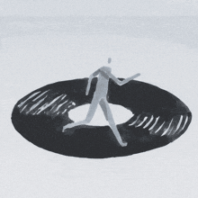 a black and white drawing of a person walking around a circle