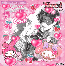 a picture of a man and a woman with hearts around them and the word yaoi on the bottom