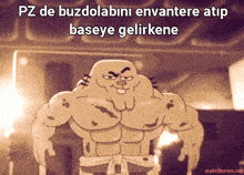 a cartoon character with the words pz de buzdolabını envantere atip baseye gelirkene on the bottom