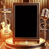a marshall guitar sits next to a microphone on a podium