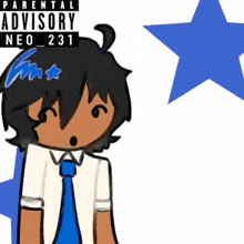 a cartoon character with a parental advisory neo 231 label