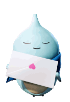 a blue cartoon character is holding an envelope with a heart on it