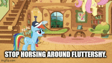 a cartoon of a pony with the words stop horsing around fluttershy on the bottom