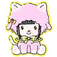 a cartoon drawing of a girl wearing a pink cat hat with a strawberry on it