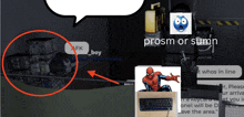 a screenshot of a video game with a spider-man and a speech bubble that says prosm or sumn