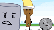 a cartoon drawing of a paint brush and a coin