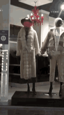a mannequin wearing a fur coat is standing in front of a sign that says ' ao ' on it