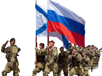 a group of soldiers marching in a line holding russian flags