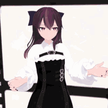 a girl with purple hair is wearing a black dress and white shirt