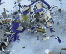 a pile of broken chairs and boxes with pika art written on the bottom right