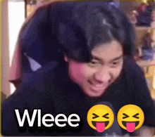a man is making a funny face with the words " wleee " behind him
