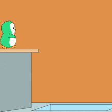 a cartoon of a penguin standing on a ledge