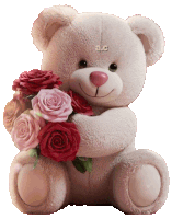 a teddy bear is holding a bouquet of roses and has the letters a.c. on its chest