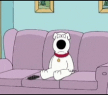 a cartoon dog is sitting on a purple couch with a remote control