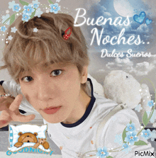 a picture of a boy with the words buenas noches dulces suenos above him