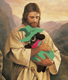 a painting of jesus holding a green sheep in his arms
