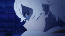a close up of a person with white hair