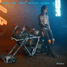 a screenshot of a video game shows a woman standing next to a motorcycle with a cat on it