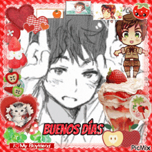 a picture of a boy with the words buenos dias written on it