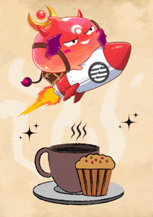 a cartoon illustration of a devil flying through the air next to a cup of coffee and a muffin