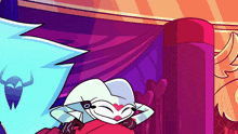 a cartoon character is laying on a bed with a purple background